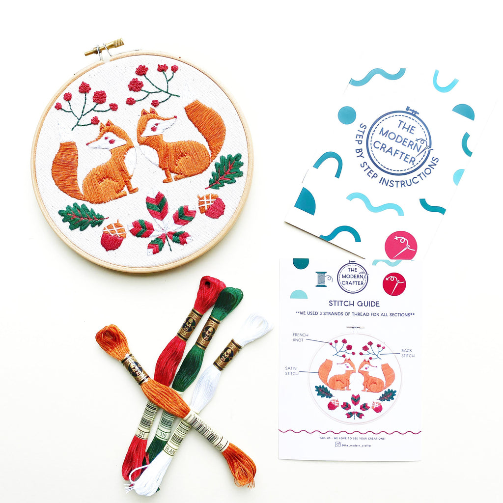 The Modern Crafter, Twin Fox Embroidery Kit, Embroidery Kit, Fox Embroidery, Embroidery Kit UK, Organic Cotton, DMC Threads, Wooden Hoop, Embroidery Threads, Stitch Kit, Embroidery Kit, Beginner Embroidery