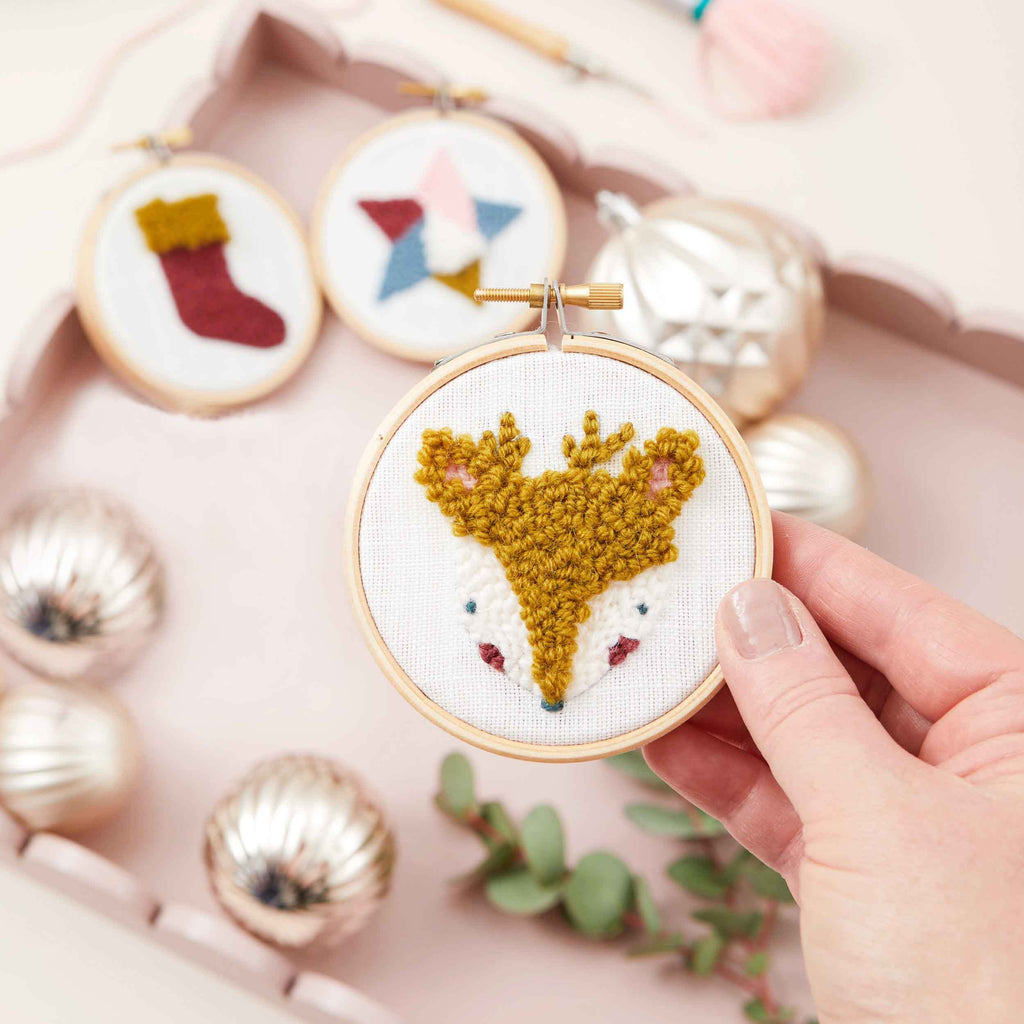 Punch Needle Christmas Decorations with wool punch needle tool and wooden hoop